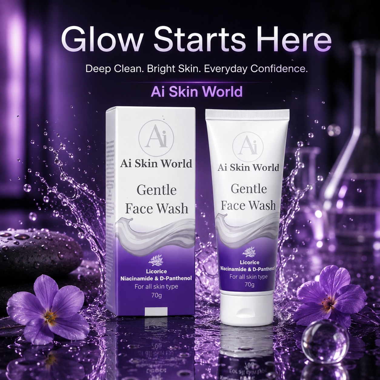 AI Skin World Gentle Face Wash product with Glow Starts Here text